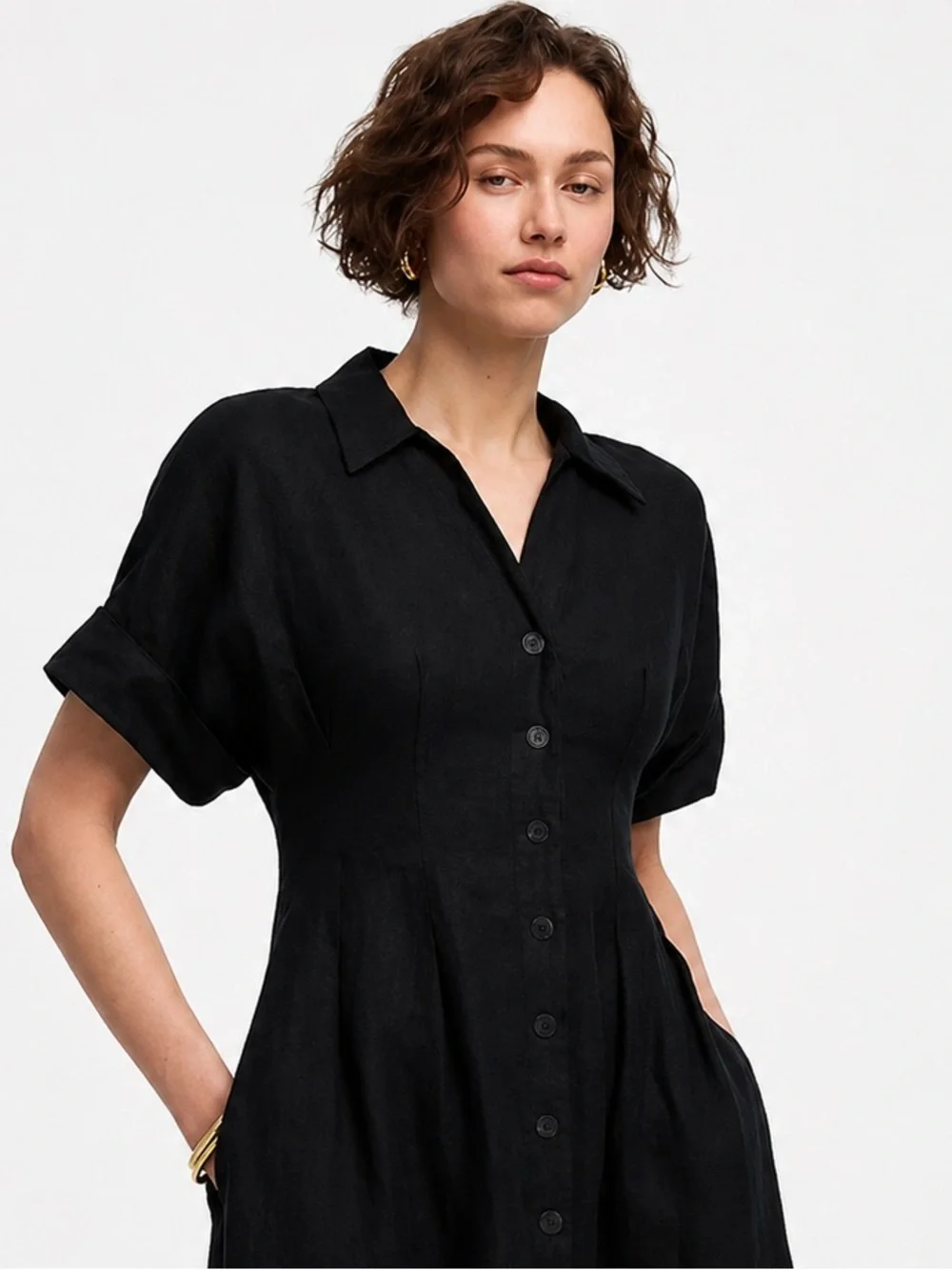 Madewell Linen Pleated Shirtdress Short Sleeve Black Size Small Relaxed Fit Midi - Picture 3 of 13